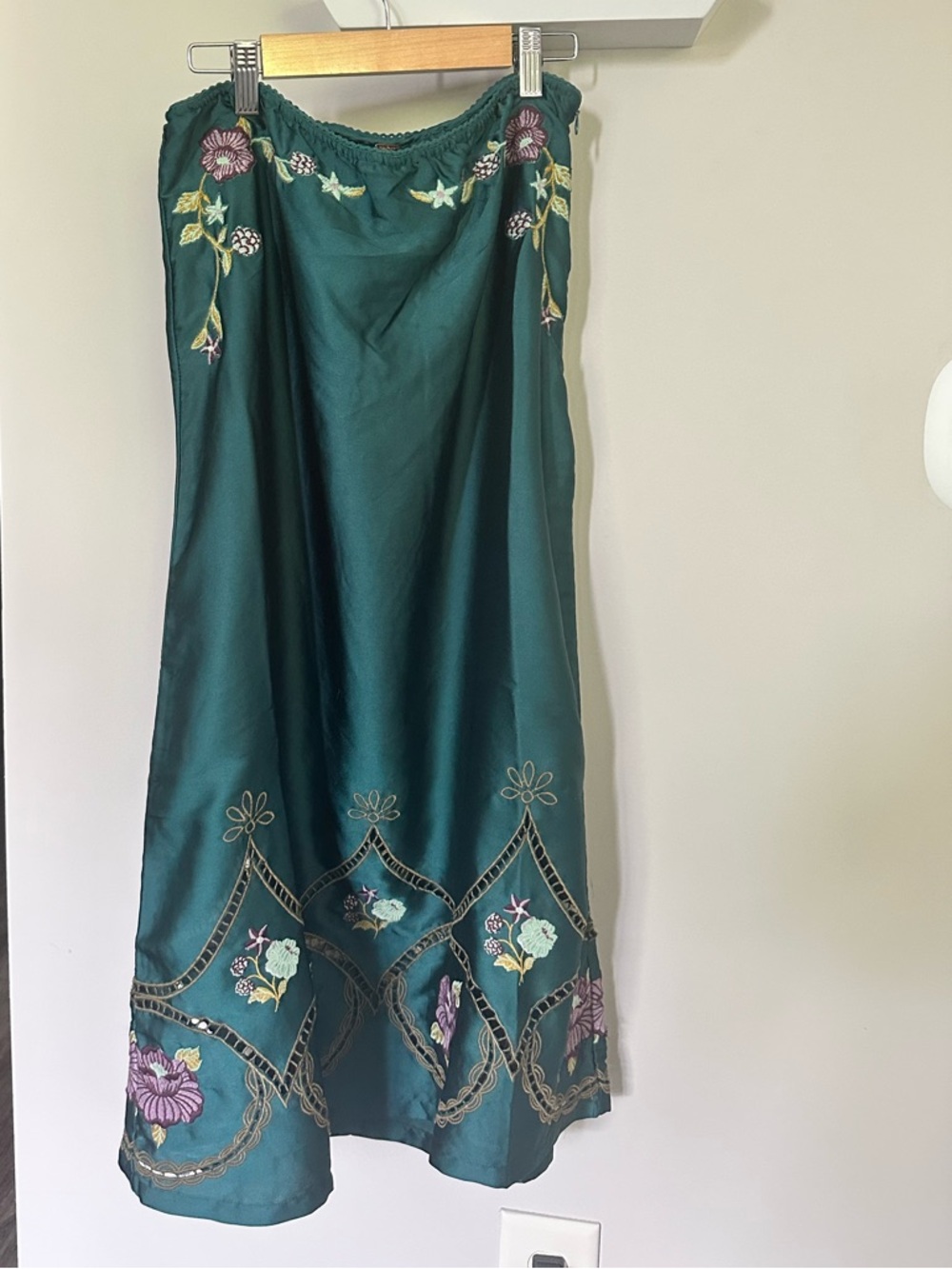 Free People Teal Green Embroidered Maxi Skirt with Floral Accents